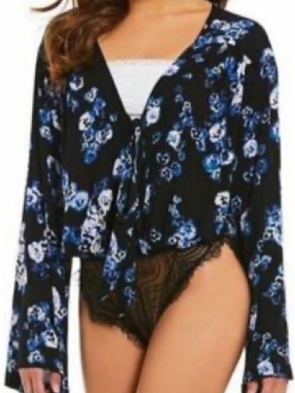 Free People Intimatly Black Floral Tie-Front Lace-Trim Bodysuit